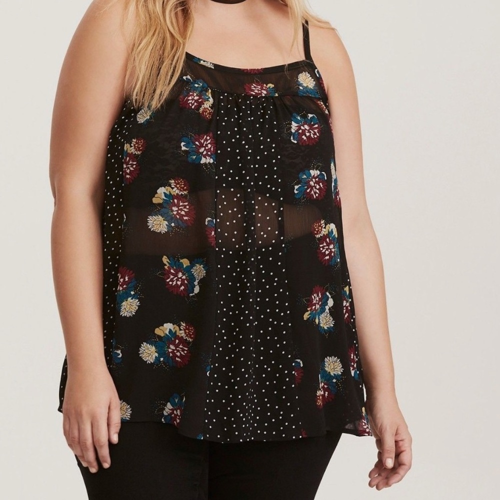 Torrid Floral Polka Dot Sheer Chiffon Swing Cami Black Size 0